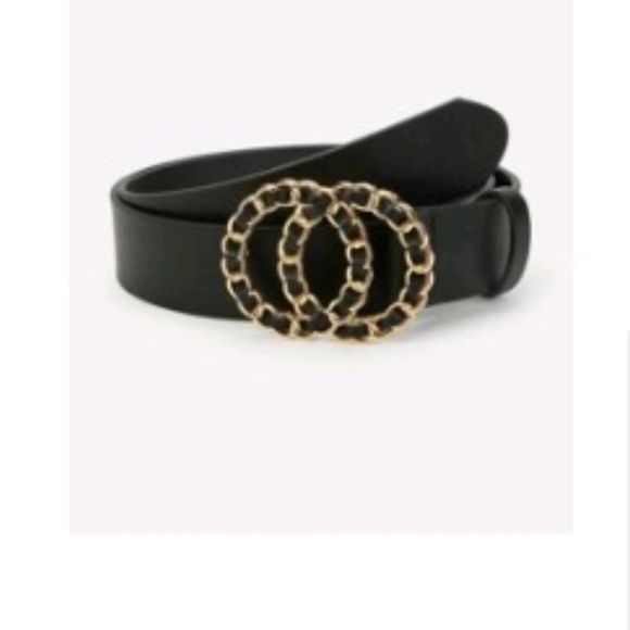 Black faux leather elegant double chunky chain link ring Gold buckle waist belt - Picture 4 of 12